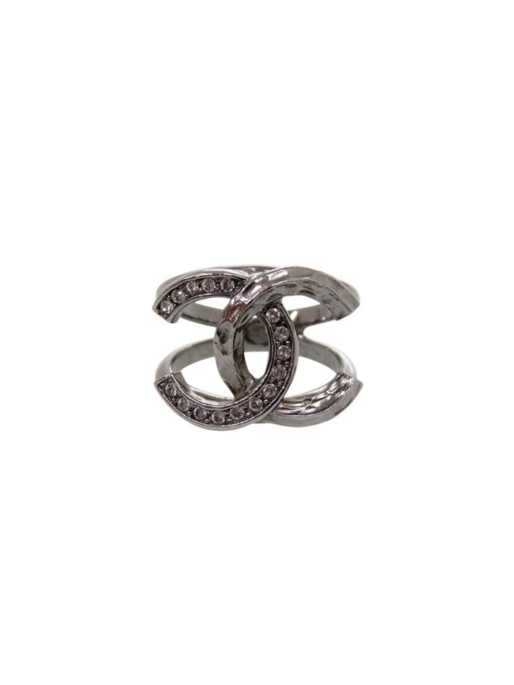 Chanel CC Logo Rhinestone Stamp Ring Gunmetal